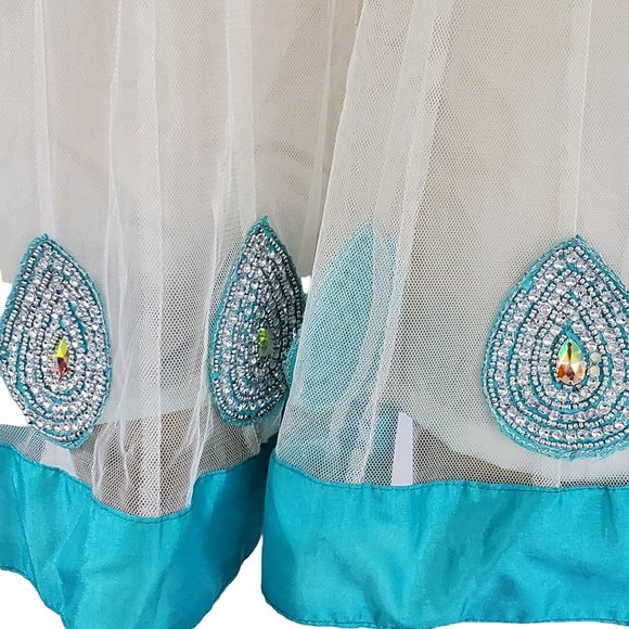 White Beaded A Line Sun Dress Women's XS Sleeveless Teal Trim Lined Netted - Picture 12 of 12